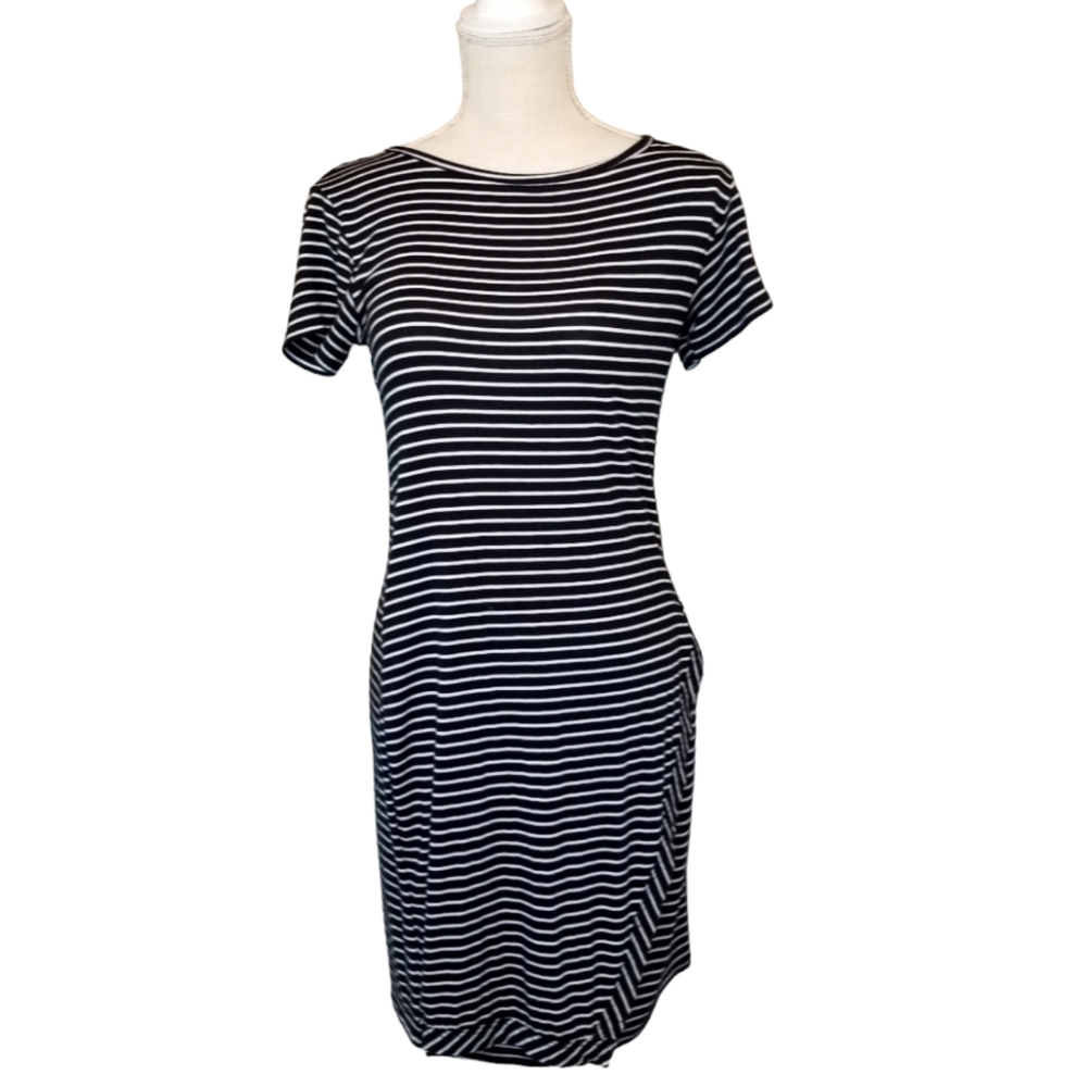 Loveapella Womens Medium Petite Black & White Striped Faux Wrap Dress